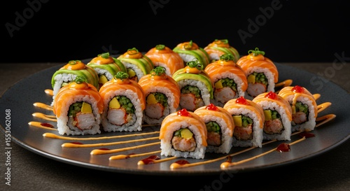 Indulge in the vibrant colors and flavors of this exquisite sushi platter, a culinary masterpiece.