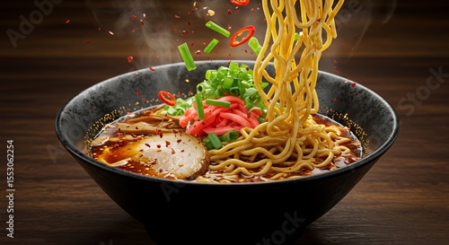 Spicy Ramen Noodles Exploding with Flavor in a Dark Bowl