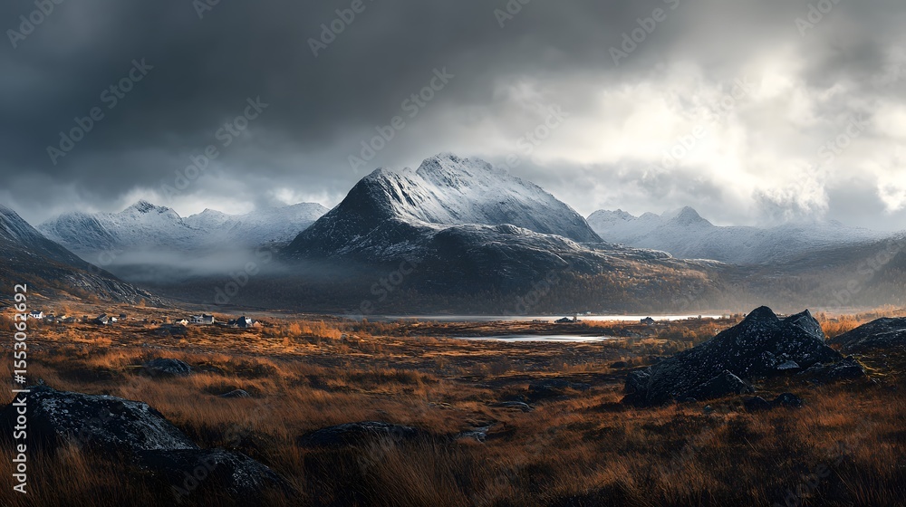 Fototapeta premium Panoramic landscape of the mountain range and fjords near the town of Lom, Norway,