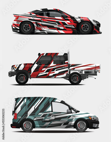 Three Vehicles with Abstract Geometric Wraps in Red Black White and Teal