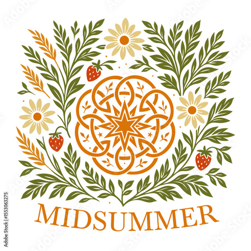 Midsummer Mandala mit Erdbeeren, Kamille und Blättern. Farbenfrohe Vektor Illustration zur Sommersonnenwende im Stil von Naturspiritualität und Jahreskreisfesten.