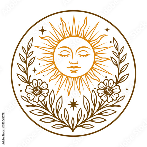 Sonne mit floraler Umrahmung und Sternen. Spirituelle Vektor Illustration im Kreis für Sommersonnenwende, Litha, Sommer und Mittsommer.