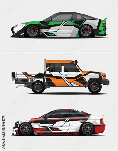 Three Vehicles with Custom Wraps Sports Car Truck and Another Sports Car