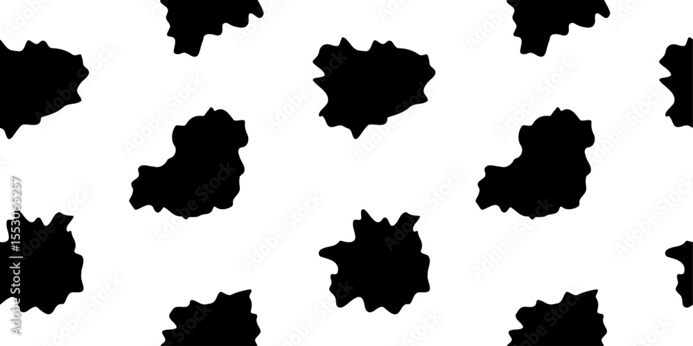 Black and white cow print design. Seamless pattern with cowhide irregular spots, dalmatian texture for textiles, wallpapers, wrapping paper, backdrop, cover, fabric. Black and white cow print design. Seamless pattern with cowhide irregular spots, dalmatian texture for textiles, wallpapers, wrapping paper, backdrop, cover, fabric.