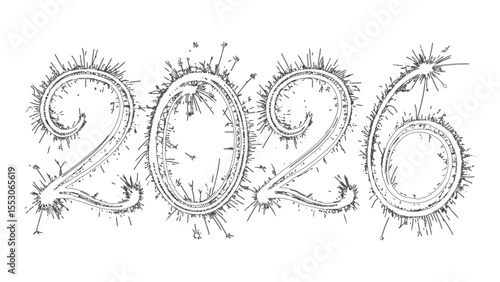 Minimal Line Art 2026 Sparkler Outline Illustration