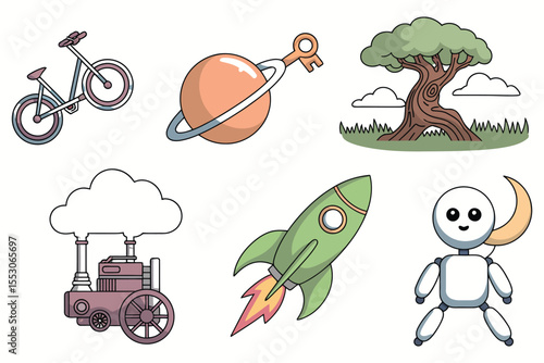 Funny cartoon baby, plane, tree vector illustration set