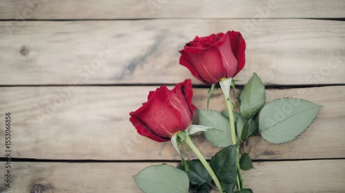 Red rose flower green leaf wooden background romantic natural fresh petals delicate texture floral arrangement love symbol soft light vintage tone close up beauty nature