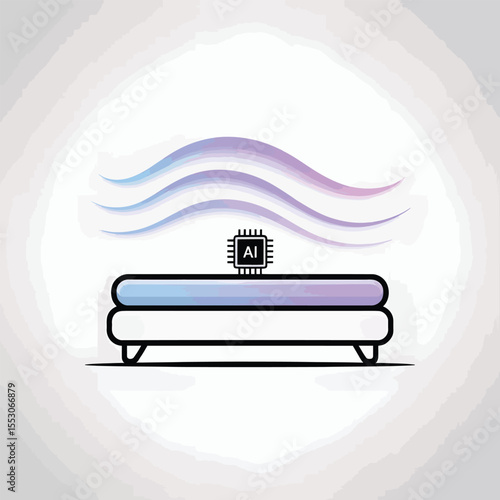 Smart Bed with A I Chip Technology Illustration Featuring Lavender Purple Blue Gradient Waves and Minimalist Line Art Style