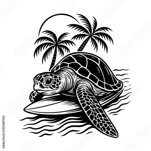 Meeresschildkröte am Strand mit Palmen. Wunderschönes schwarz-weiß Tattoo-Design, inspiriert von Natur und Meer. Perfekt für Strandliebhaber, Meerestiere und sommerliche Tattoo-Fans.