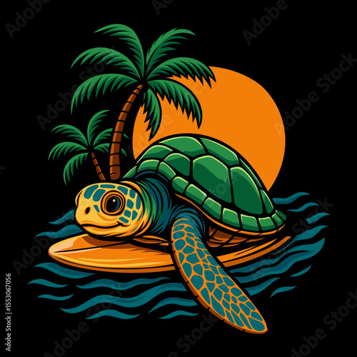 Farbenfrohe Meeresschildkröte am Strand bei Sonnenuntergang, umgeben von Palmen. Lebendiges, tropisches Design ideal für Natur-, Meeres- und Umweltthemen, Urlaubsmotive und sommerliche Dekorationen.