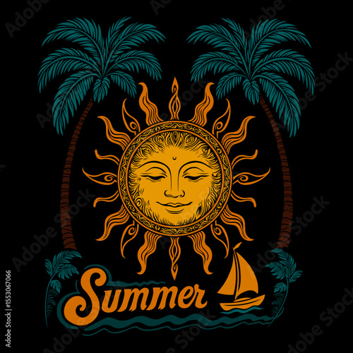 Sonne mit zwei Palmen und Schriftzug „Summer“, sommerliches, warmes Design mit tropischem Flair. Ideal für Strand, Urlaub, Entspannung, Sommerfeste, Dekoration und spirituelle Sommerenergie.