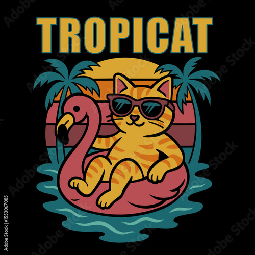Coole Katze mit Sonnenbrille auf einem pinken Flamingo-Schwimmring vor tropischem Sonnenuntergang mit Palmen. Lustiges, sommerliches Design für Katzenfans, Urlaubsmotive und tropische Deko