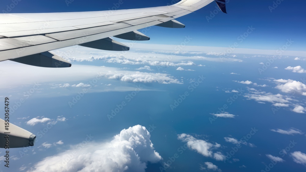 Obraz premium Airplane wing flying above the clouds over the ocean under a deep blue sky