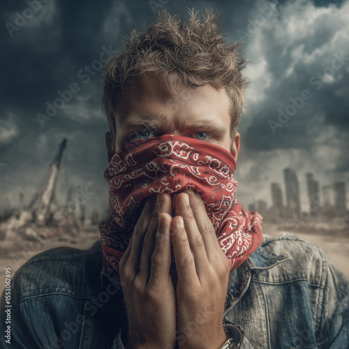 Man covering his mouth with a bandana due to extreme bad air quality 