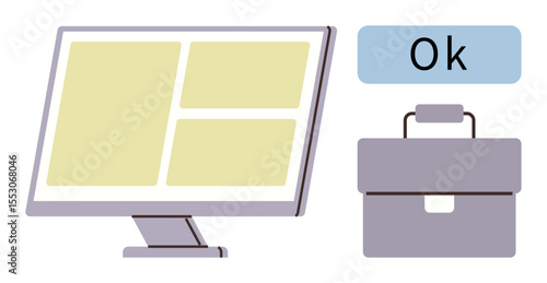 Computer monitor displaying a grid layout, briefcase symbolizing business, and Ok button for confirmation. Ideal for work, business, planning, design, technology communication decision-making. A