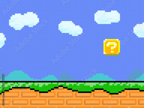 Role playing game pixel art background. Blocks with road and question marks.