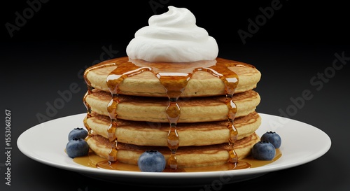 Indulge in a Stack of Buttery Pancakes Topped with Whipped Cream and Drizzled with Maple Syrup