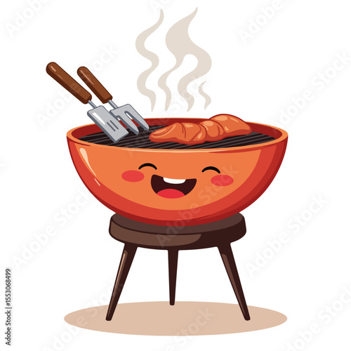 Happy cartoon barbecue grill with grilling tools and meat.  Smiling barbecue grill with spatula and fork.  Cartoon barbecue perfect for summer festival invitations and picnic posters.