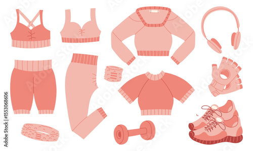 Set for women's workouts. Suits, dumbbells, headphones, gloves, headband, and sneakers in pink colors. Flat color illustration. For posters, menus, clothing, and fitness and sports lifestyle blogs.