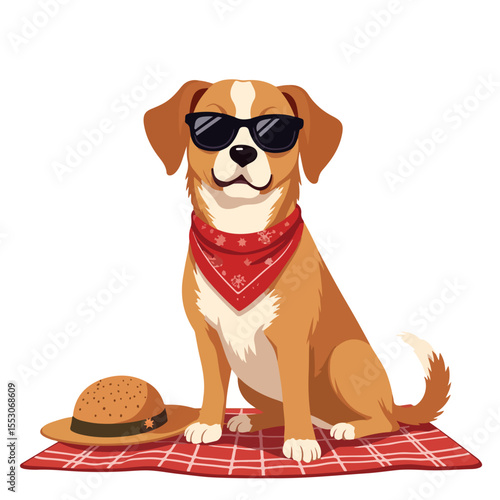 Cool dog in sunglasses and bandana at summer picnic.  Happy canine friend enjoys summer time wearing stylish accessories.
