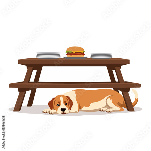 Beagle dog lying under picnic table with empty plates and burger above. Adorable beagle patiently waits for food scraps under wooden picnic table.