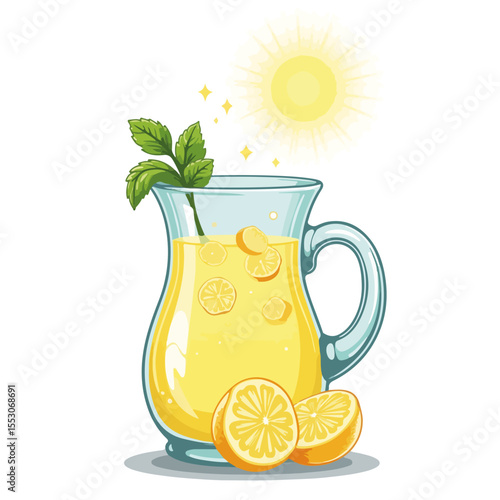 Refreshing lemonade pitcher with mint and ice cubes sparkling in sun. Homemade lemonade recipe includes juicy lemons, fresh mint, and ice. Perfect lemonade image for summer festivals and picnics.