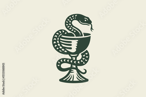 Snake on medical bowl vintage engraving style vector illustration