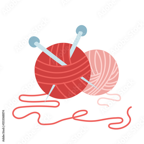 Round balls next to knitting needles inside. An isolated item for handicrafts. cozy atmosphere. flat color illustration. For designing websites about knitting, handicrafts, printed products, hobby
