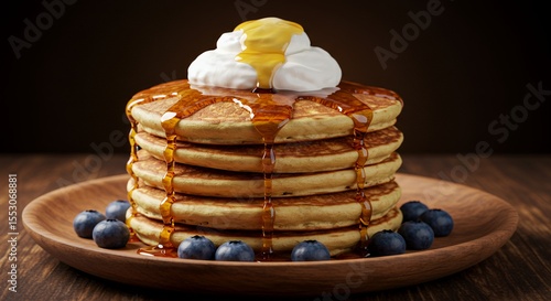 Golden Syrup Drizzles Delightful Stack of Buttery Pancakes Topped with Whipped Cream