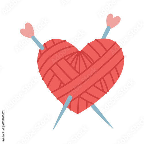 heart-shaped ball with knitting needles inside. An isolated item for handicrafts. cozy atmosphere. flat color illustration. For about knitting, handicrafts, blogs, printed products, or hobby items