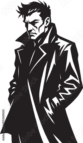 Vector illustration of a stylishly dressed man in a trench coat with a confident and stern expression in a clean monochrome design