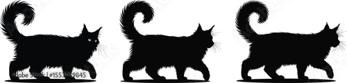 Long hair cat silhouette vector set, collection of walking fluffy cat icon in black isolated style for design and decoration