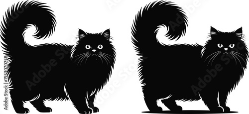 Long hair cat silhouette vector set, collection of fluffy cat front view icon in black isolated style for design