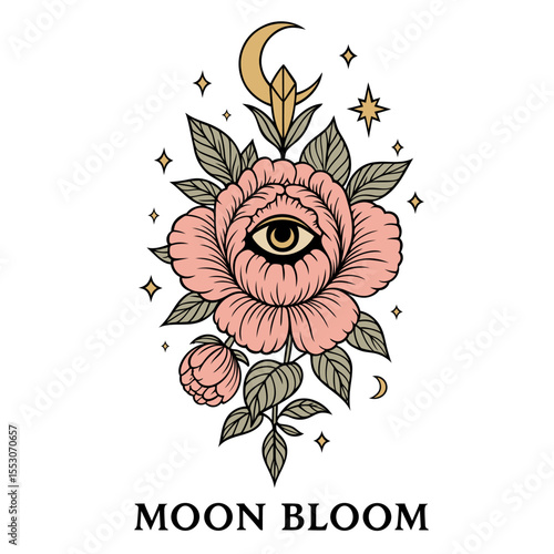 Mystische Blume mit Auge, Mond und Sternen. Okkulte Symbolik - ideal für Esoterik, Tattoo, Boho und moderne Mystik.