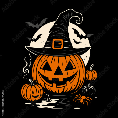 Kürbis mit Hexenhut und Vollmond - Halloween Vektor. Niedliche Illustration eines geschnitzten Kürbisses mit Hexenhut, umgeben von kleinen Kürbissen, Fledermäusen und Spinnennetz.