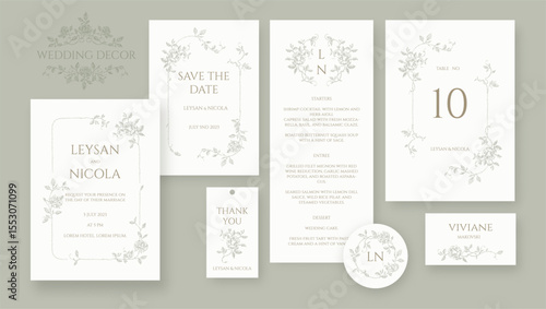 Elegant wedding set. Hand drawn roses border and frame pattern. Place cards, wedding invitation, table number, save the date, thank you card, menu, sticker.