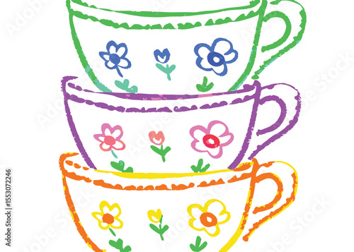 Colorful porcelain tea cups and saucers set with an isolated hot beverage