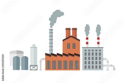 Factory flat design. Isolated factory building. Industrial factory manufacturing concept. Isolated transparent PNG.