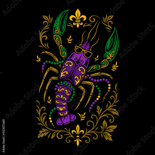 Bunte Karnevals-Languste mit Sonnenbrille und Ornamenten in Violett, Grün und Gold - inspiriert von New Orleans Street Culture und der Lebensfreude des Südens. Funky, wild, einzigartig!