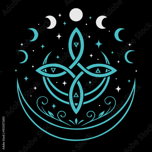 Mystisches Mondphasen-Symbol mit Vierfach-Knoten, Hexenknoten in Türkis - spirituelle Geometrie mit Ornamenten, ideal für Hexen, Esoterik-Fans und moderne Symbolkunst.