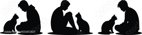 Man and cat silhouette vector set, collection of man with cat icon in black isolated style for design and decoration