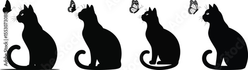 Cat and butterfly silhouette vector set, collection of sitting cat with butterfly icon in black isolated style for design