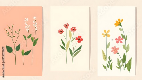 Three Botanical Floral Illustrations Set Minimalist Flowers