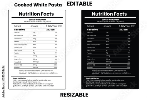 Cooked White Pasta nutrition facts, nutrition facts, nutrition, nutrition label, calories in food, nutrition info, supplement facts, vector template