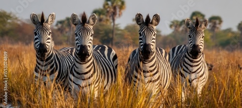 Majestic Plains Zebras in a Vibrant African Savanna, Grazing Together in Harmony Under the Sunlight