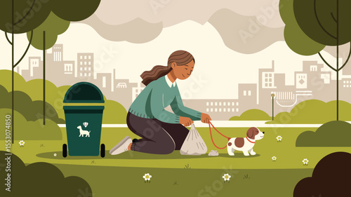 Pet Owner Walking Dog in the Park and Cleaning Up with Waste Bag – Flat Cartoon Vector Illustration