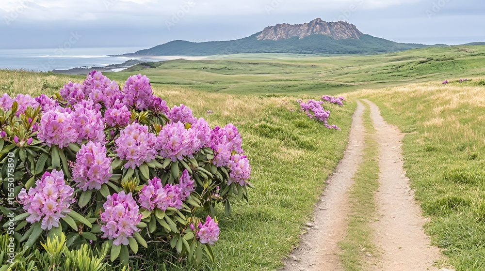 Fototapeta premium Pink Rhododendron Flowers Trail Coastal Mountain View