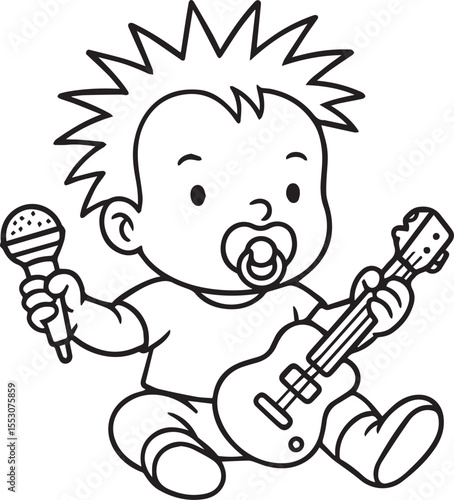 Rockstar Baby: A charming cartoon illustration features a baby playing guitar and holding a microphone, capturing the playful spirit of childhood.