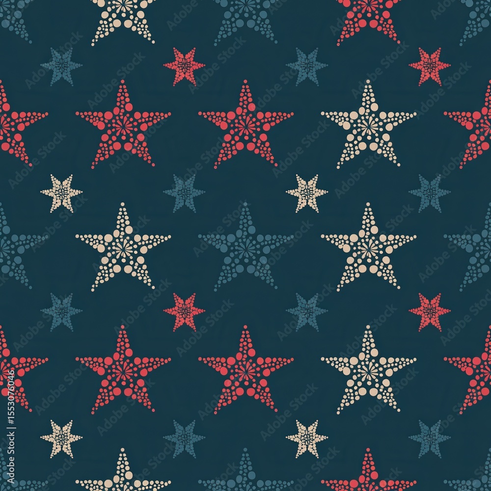 Seamless pattern of red white and blue stars on a dark background in a repeating arrangement Seamless pattern of red white and blue stars on a dark background in a repeating arrangement