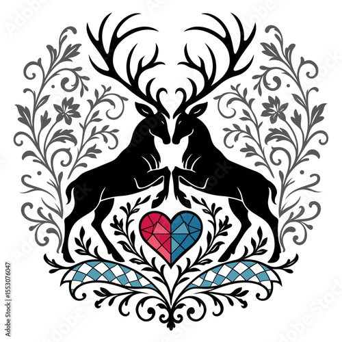 Zwei Hirsche mit Herz und Ranken. Alpenländische Vektorillustration mit Trachtenflair. Ideal für alpine Hochzeitsgrafik, Trachtenstil, moderne Volkskunst, Stickmuster, Heimatliebe. 